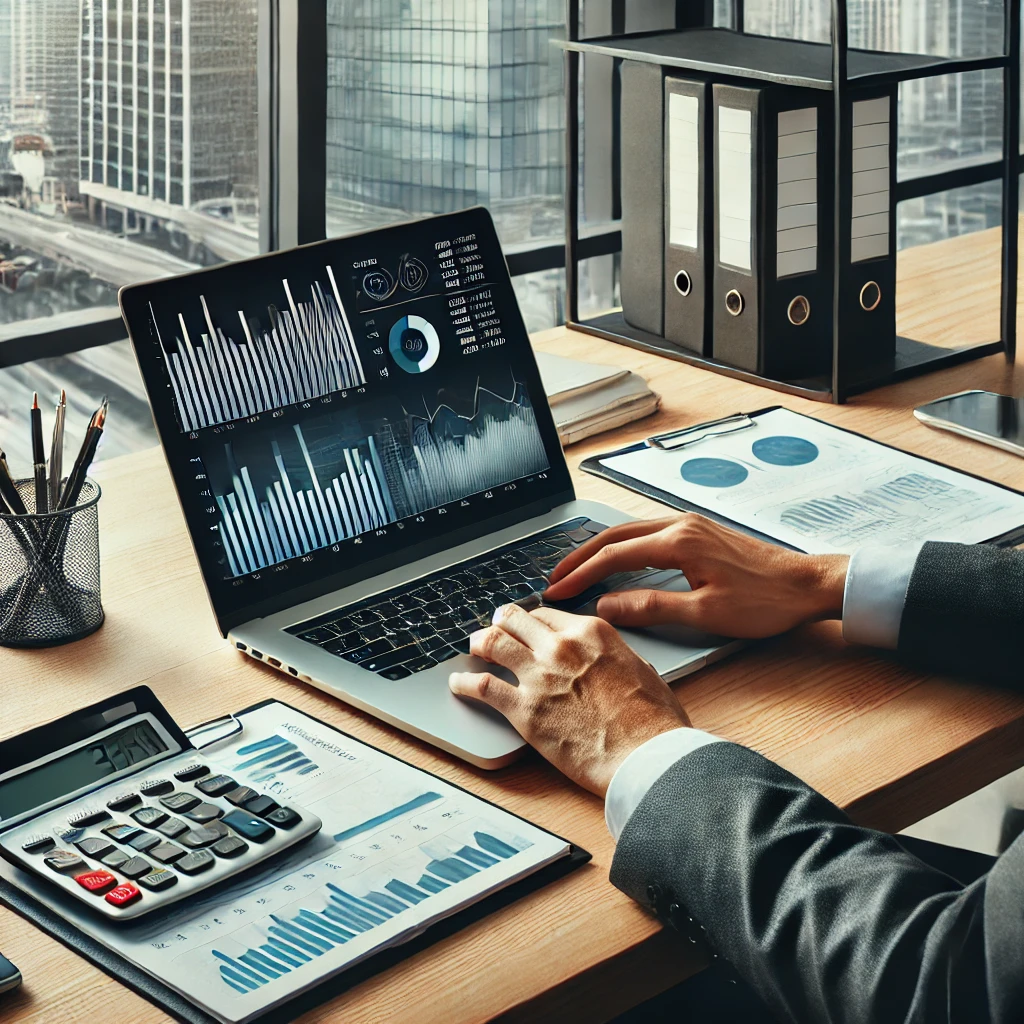 A modern accounting setup featuring a professional working on a laptop displaying financial reports and graphs, representing customized bookkeeping and financial reporting for small businesses and nonprofits in California. The desk includes organized documents and a calculator, with a California cityscape visible through the office window, symbolizing local expertise and trust.