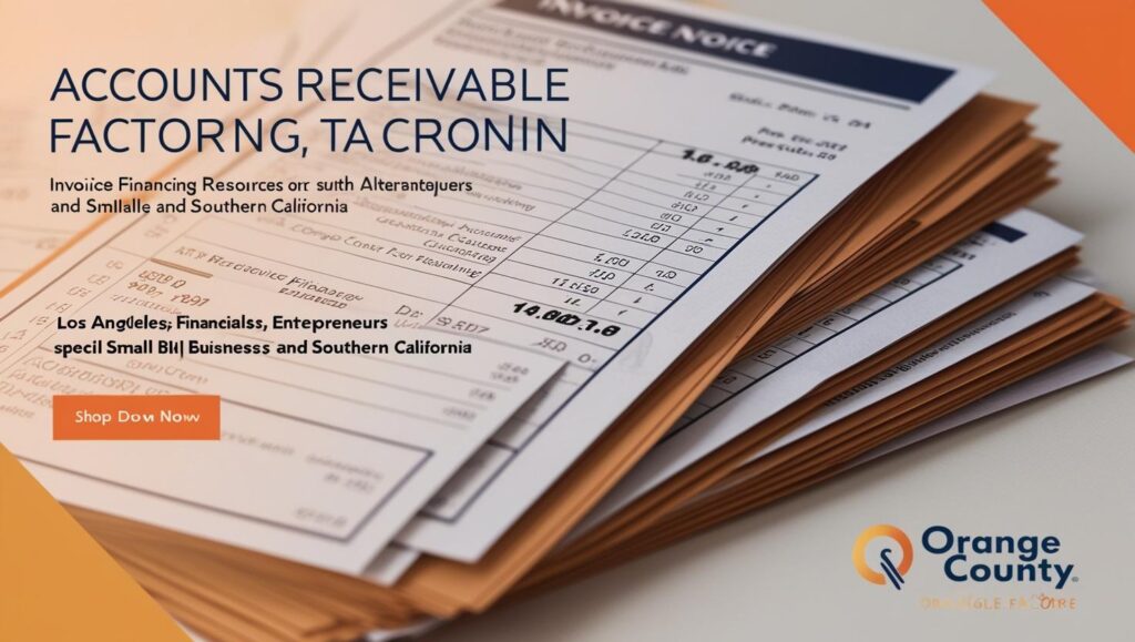 Close-up of invoices showing accounts receivable factoring in Orange County, highlighting invoice financing resources for LA entrepreneurs and alternative lending for small businesses in Southern California.