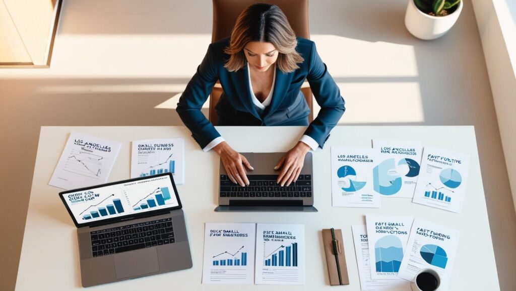 Overhead view of a Los Angeles small business owner analyzing quick cash flow solutions for local companies and exploring fast funding options for small businesses in Los Angeles.