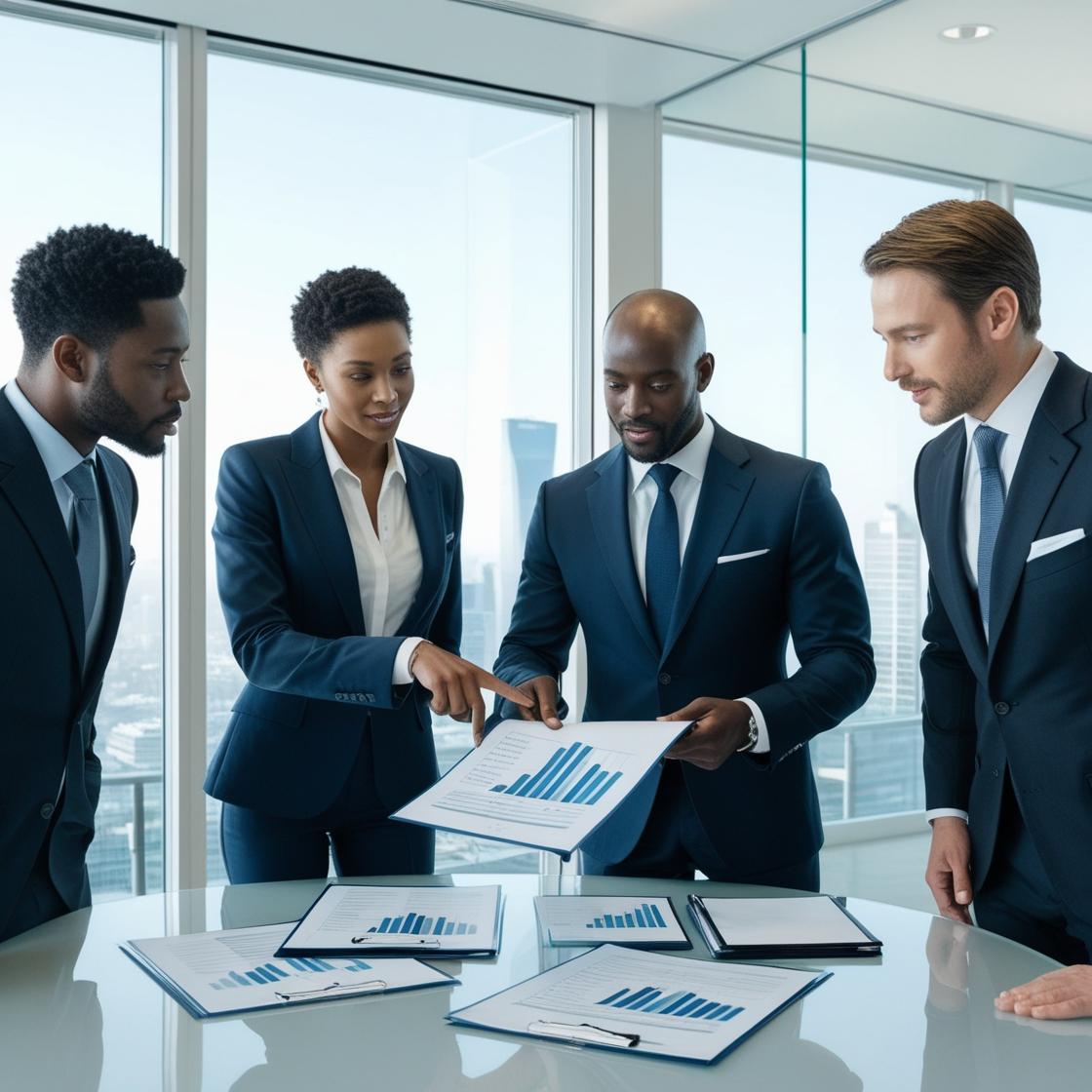 A professional scene of a nonprofit leader presenting financial metrics to donors in a meeting, with a screen displaying graphs like cost per beneficiary and donor retention metrics, creating a collaborative and transparent atmosphere.