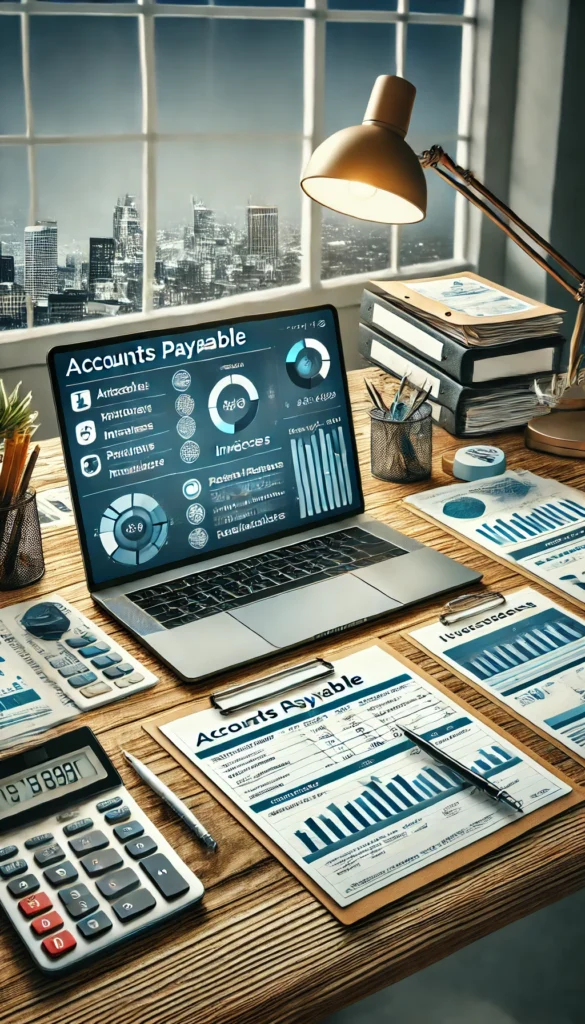 A professional accounts payable setup featuring a laptop displaying vendor payment tracking software, invoices, and payment schedules. The desk includes organized files, a calculator, and a checklist, representing accurate payment management, efficient vendor relationships, and compliance for small businesses and nonprofits in California. A modern office environment with a cityscape in the background highlights professionalism and local expertise.