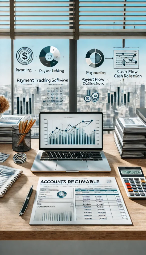 A professional accounts receivable setup featuring a laptop displaying payment tracking software, invoices, and a graph illustrating cash flow optimization. The desk includes organized documents, a calculator, and a checklist, symbolizing efficient invoicing, faster collections, and accounts receivable management for small businesses and nonprofits in California. The modern office includes a cityscape view in the background.