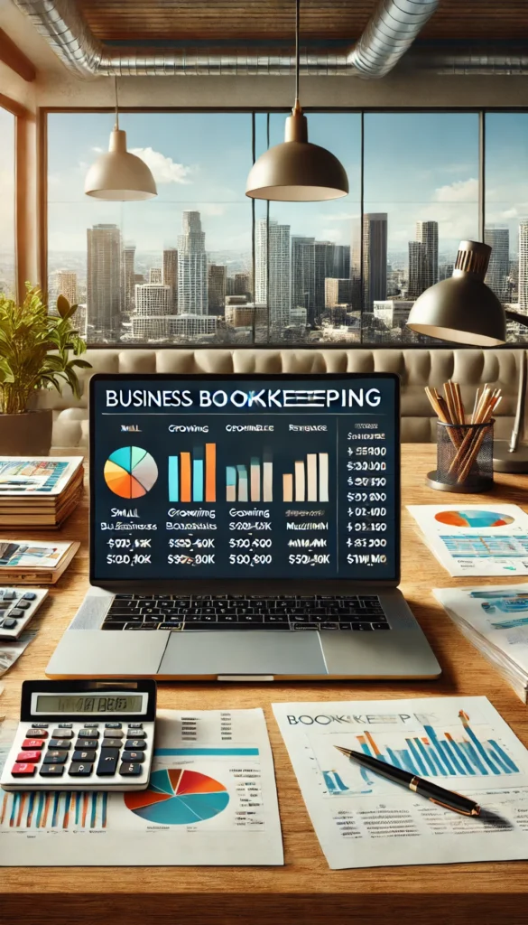 A professional office setup featuring a business bookkeeping dashboard on a laptop screen. The dashboard displays financial summaries segmented by business size, including categories for small businesses (<$300K revenue), growing businesses ($300K-$500K), mid-sized businesses ($500K-$900K), and larger enterprises ($1M+). The desk also includes financial reports, a calculator, and a pen, symbolizing scalable bookkeeping solutions for businesses in Los Angeles and Orange County. A modern office with a cityscape view in the background.