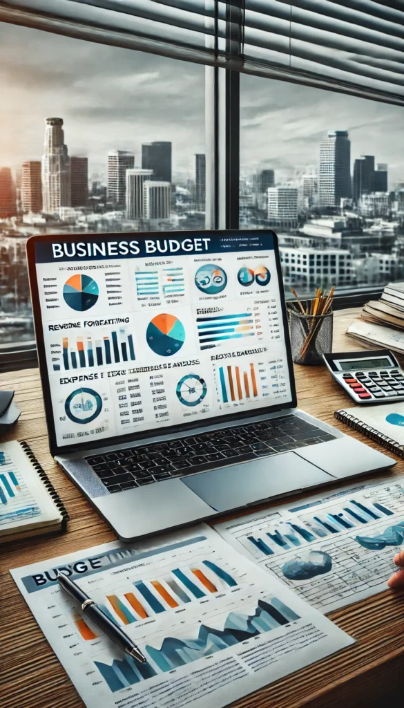 A professional office setting with a laptop displaying a detailed business budget spreadsheet, including revenue forecasting, expense tracking, and cash flow analysis with colorful pie charts and bar graphs. The desk also features financial documents, a calculator, and a notepad, symbolizing strategic budget planning for small businesses in Los Angeles and Orange County. A cityscape is visible through the window, emphasizing local expertise.