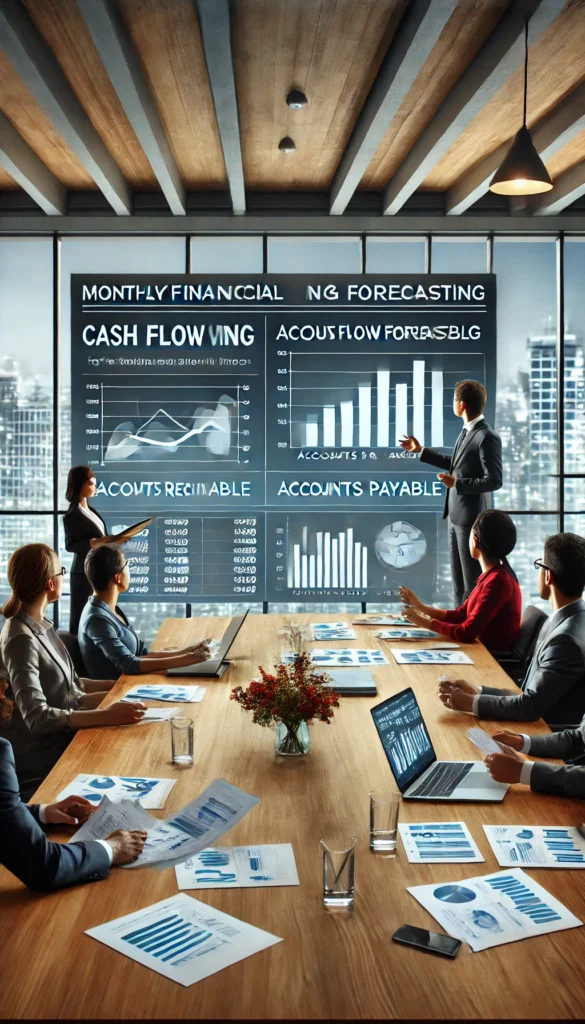 A professional team in a modern office discussing cash flow forecasting with charts and financial reports displayed on a large screen. The scene includes a diverse group of people analyzing accounts receivable, accounts payable, and profit and loss reports. A laptop and documents with financial data are on the table, symbolizing monthly financial reporting and forecasting services for small businesses and nonprofits in California. A cityscape is visible through the windows, emphasizing local expertise.