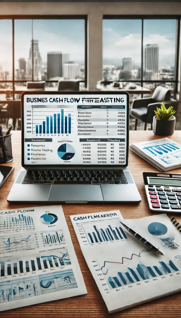 A professional office setting featuring a business cash flow forecasting spreadsheet displayed on a laptop. The spreadsheet includes financial projections, expense tracking, and revenue trends with bar graphs and pie charts. A calculator, financial documents, and a pen are placed on the desk, representing cash flow management for small businesses in Los Angeles and Orange County. A cityscape view is visible through the window, emphasizing financial strategy and business planning.