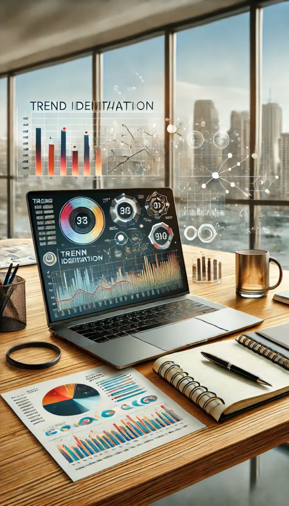 A vertical image of a modern office setting with a laptop displaying an Excel spreadsheet featuring financial metrics, colorful pie charts, and bar graphs. The desk includes a notebook, pen, and documents with detailed financial analysis data. The scene highlights trend identification, performance metrics, and expert financial insights for small businesses and nonprofits in California, with a cityscape view visible through the window.