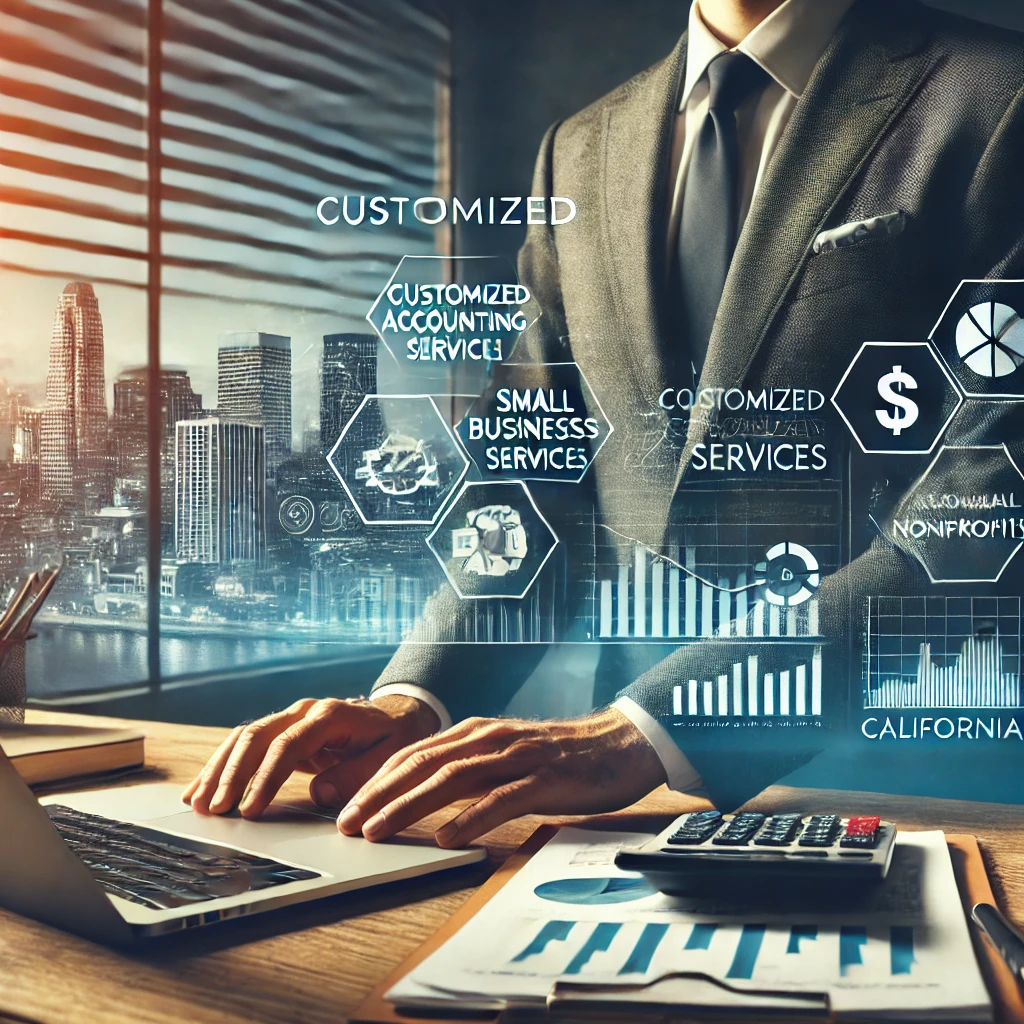 A professional accountant working in a modern office with a laptop displaying financial reports, charts, and graphs, providing customized accounting and financial services for small businesses and nonprofits in California. The office includes organized documents, a calculator, and a California cityscape view, symbolizing local expertise and tailored solutions.