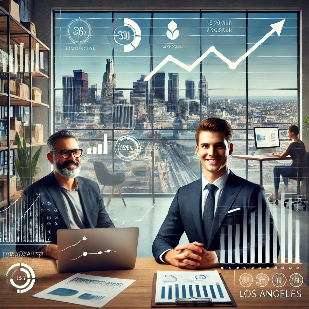 A professional scene of a nonprofit leader presenting financial metrics to donors in a meeting, with a screen displaying graphs like cost per beneficiary and donor retention metrics, creating a collaborative and transparent atmosphere.