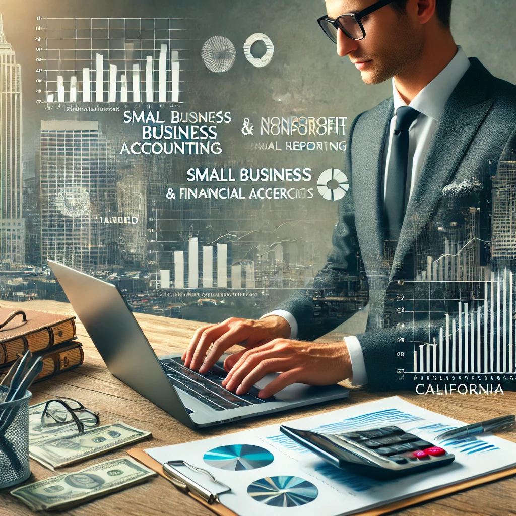 A professional accountant working on a laptop displaying financial graphs and reports, with a calculator and organized documents on the desk. The modern office features a California cityscape view through the window, representing tailored bookkeeping, financial reporting, and compliance services for small businesses and nonprofits in California.