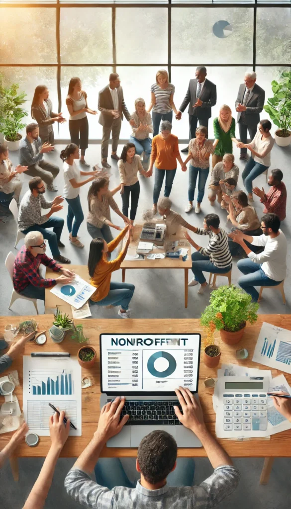 A heartwarming scene of diverse people working together in a nonprofit setting. Volunteers are helping individuals by providing support, financial guidance, and community assistance. The environment includes a collaborative workspace with financial documents, charts, and a laptop displaying nonprofit accounting data. The image symbolizes nonprofit financial management, grant tracking, and community impact, conveying teamwork and social good.