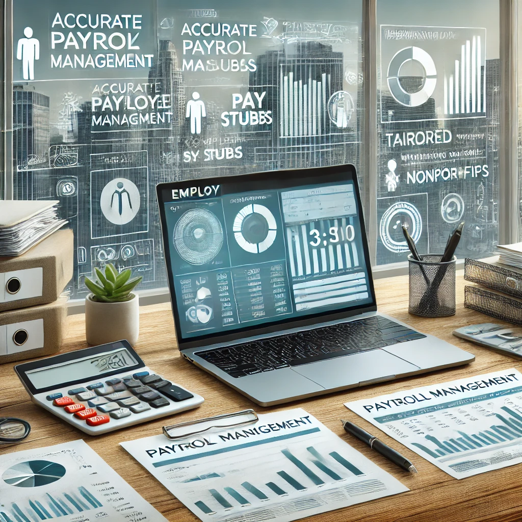 A professional payroll setup featuring a laptop displaying payroll software with employee records, pay stubs, and compliance charts. The desk includes organized documents, a calculator, and a checklist, symbolizing accurate payroll management, tailored solutions, and compliance with California laws for small businesses and nonprofits. A modern office environment with a cityscape in the background enhances the theme of local expertise.