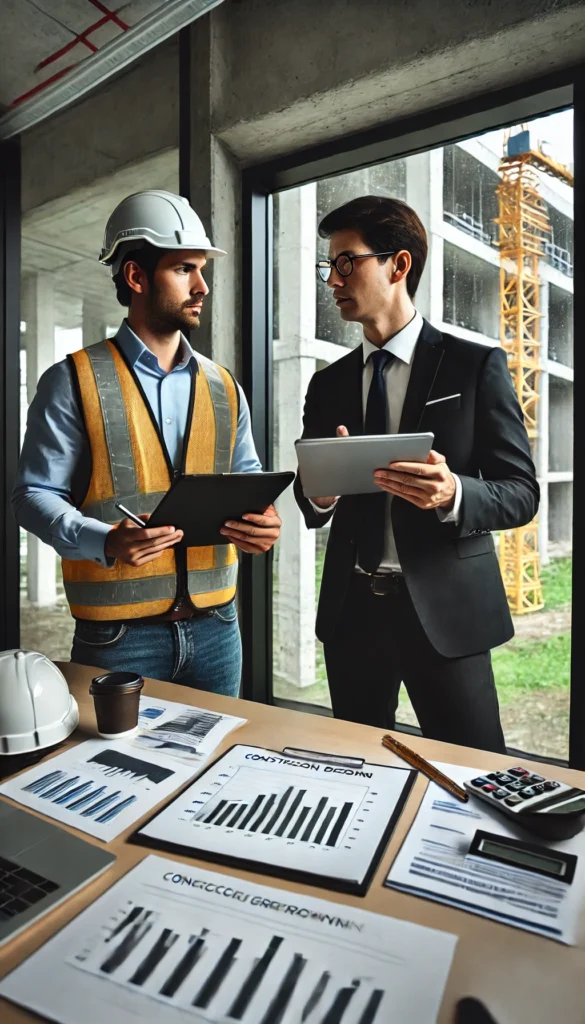  business owner in a safety vest consulting with an accountant in a modern office. The accountant is presenting financial growth strategies on a tablet, with financial documents and graphs on the table. A construction site is visible through a large window in the background.