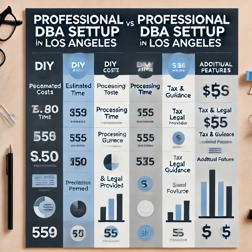 Comparison table of DIY vs. professional DBA setup and business structure tax implications for Los Angeles businesses.