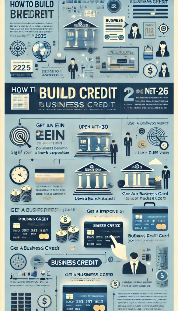 Step-by-step guide on how to build business credit in 2025, including registering a business, obtaining an EIN, opening a business bank account, using Net-30 vendors, and applying for a business credit card.