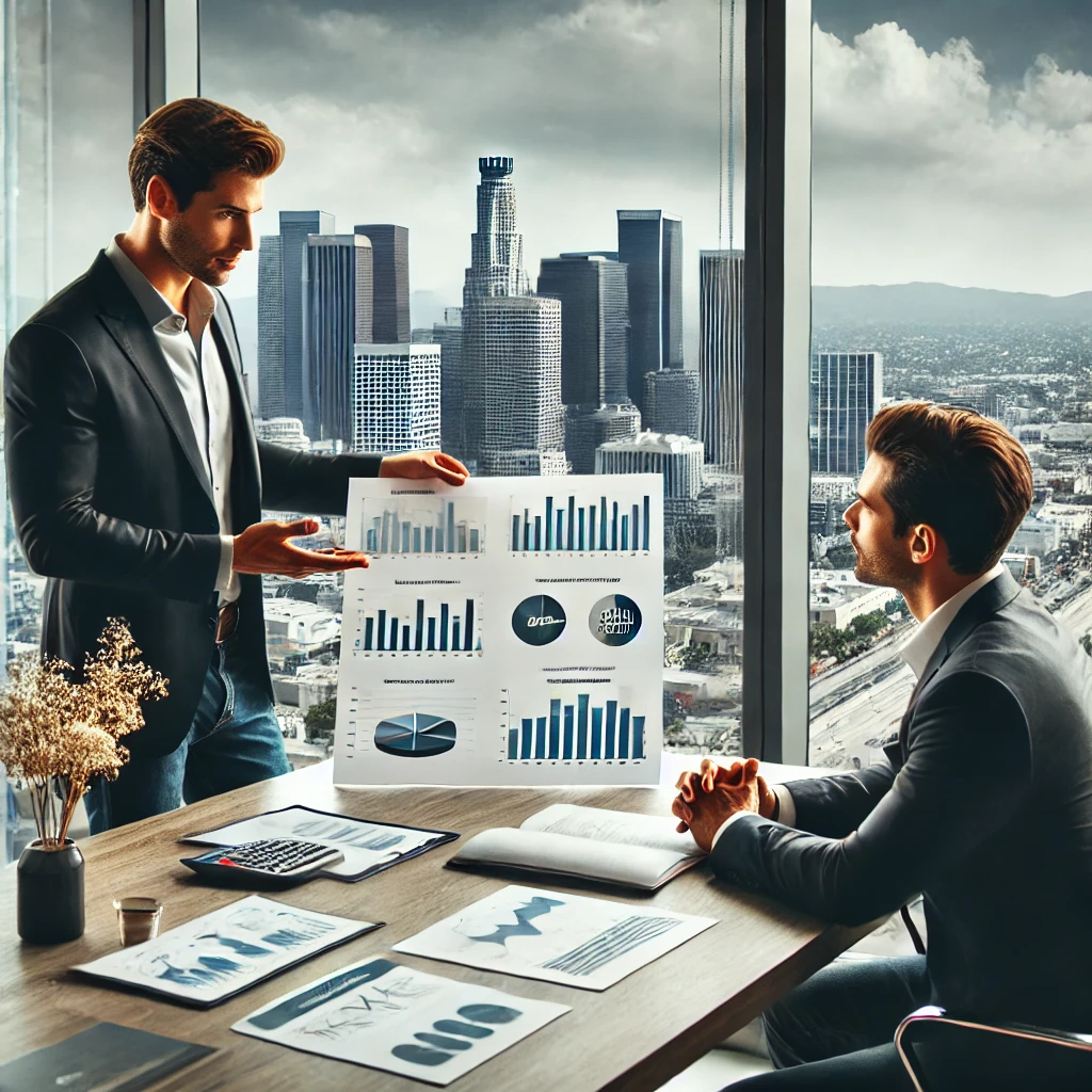 A modern financial planning consultation in Los Angeles, where a financial expert discusses business growth strategies with a small business owner in a professional office setting. The table features charts, graphs, and financial documents, with downtown Los Angeles visible through a large window.