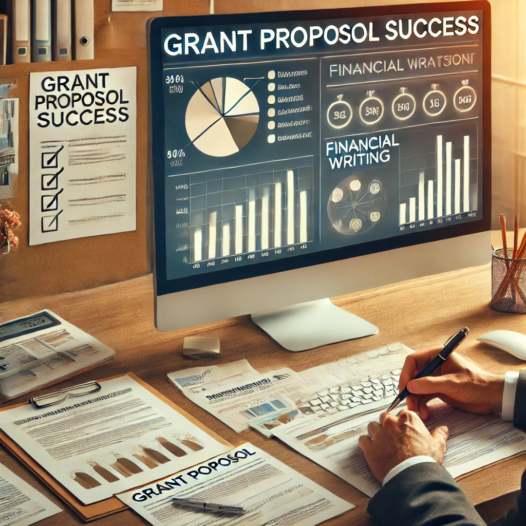 A professional image of a nonprofit leader working on a grant proposal, reviewing financial reports, charts, and documents in an office setting, with a checklist for ‘Grant Proposal Success’ displayed on a computer screen.