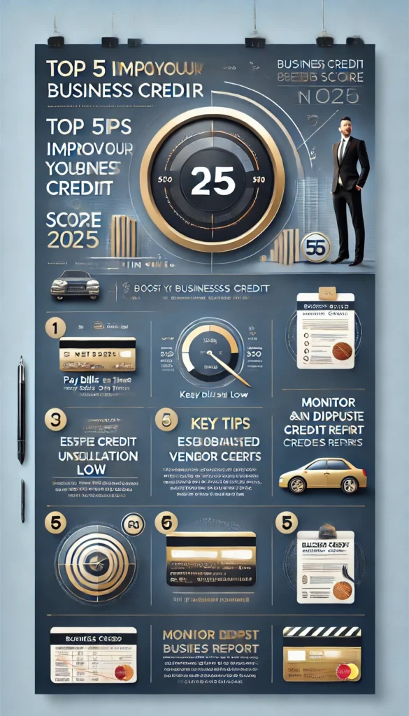 Top 5 tips to improve business credit score in 2025, including paying bills on time, keeping credit utilization low, establishing Net-30 vendor accounts, using a business credit card, and monitoring credit reports.