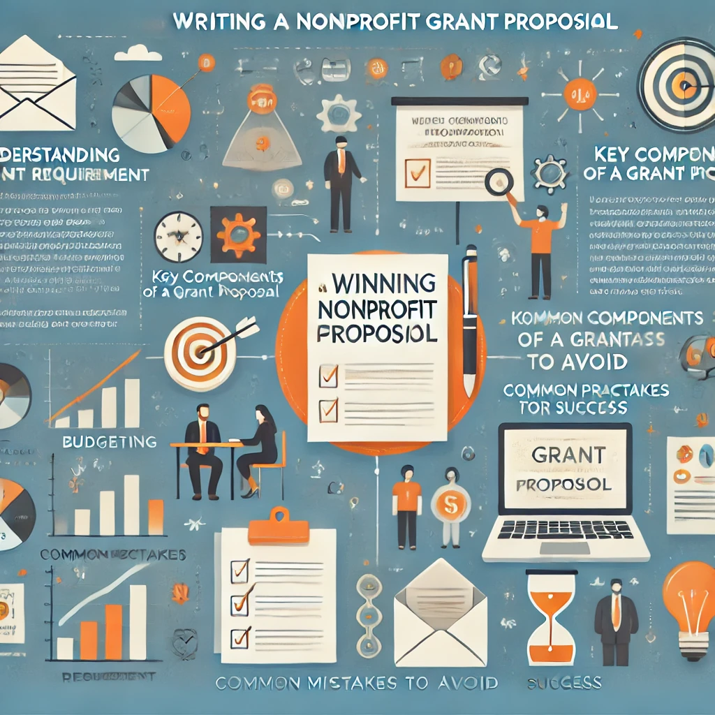 An infographic illustrating the key steps in writing a winning nonprofit grant proposal, including sections on understanding grant requirements, key components of a proposal, common mistakes to avoid, and best practices for success.