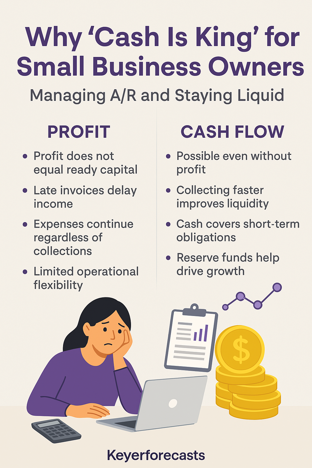Infographic showing why cash flow is king for small business owners, comparing profit and cash flow with practical A/R management tips and small business financial insights.