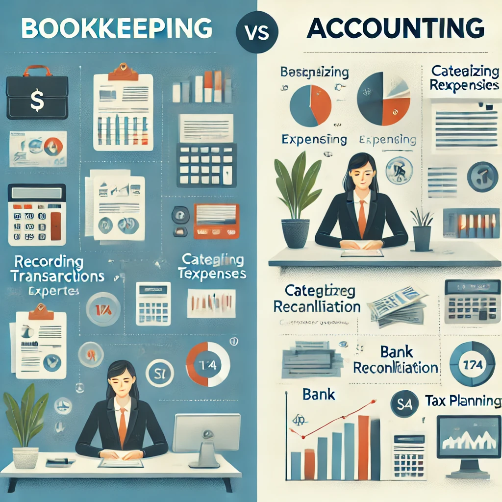 An infographic comparing bookkeeping and accounting services for small businesses, showing the key tasks involved in both services.