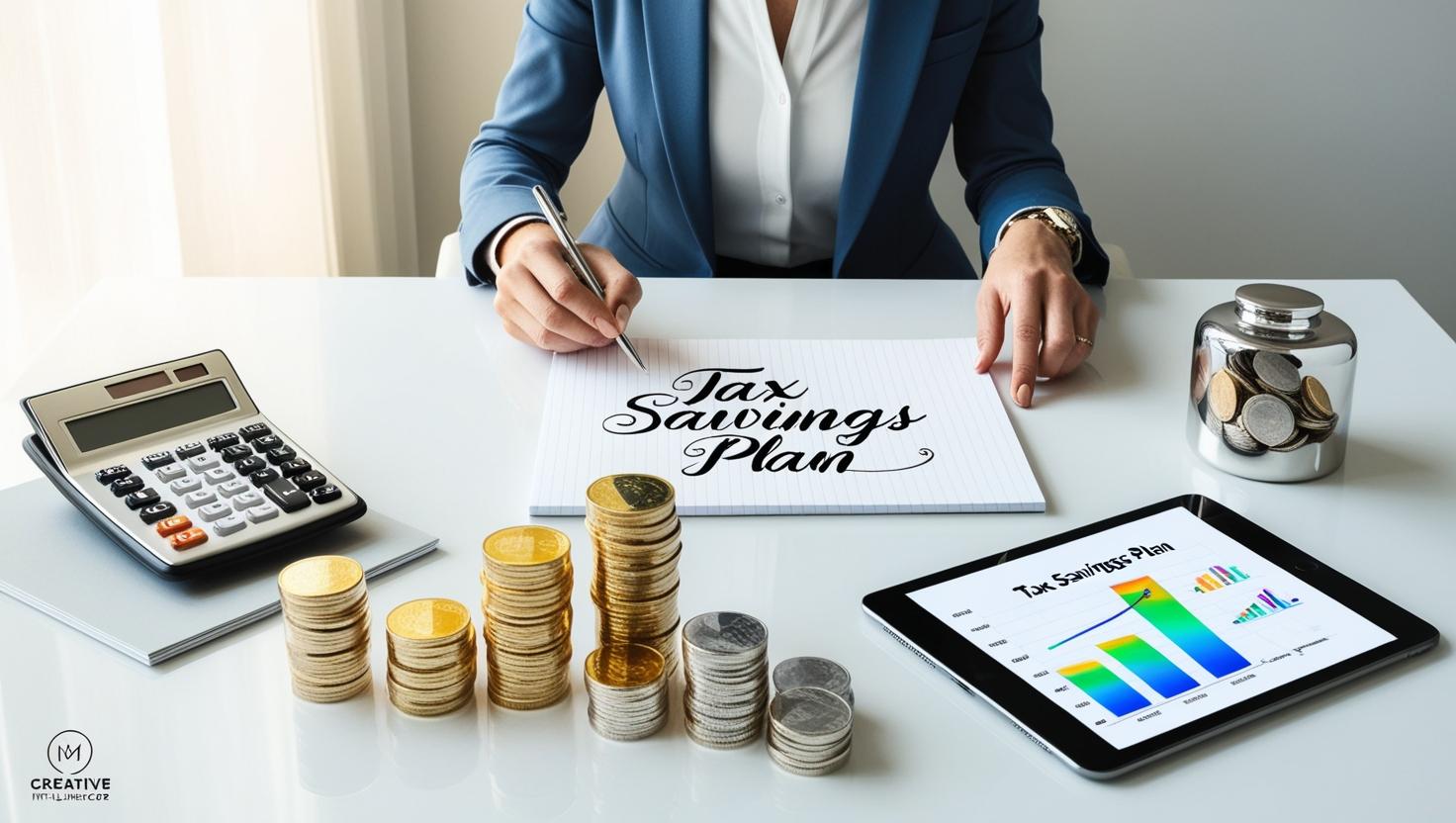 Influencer calculating tax savings and budgeting finances with a notepad, calculator, and tablet displaying financial graphs.