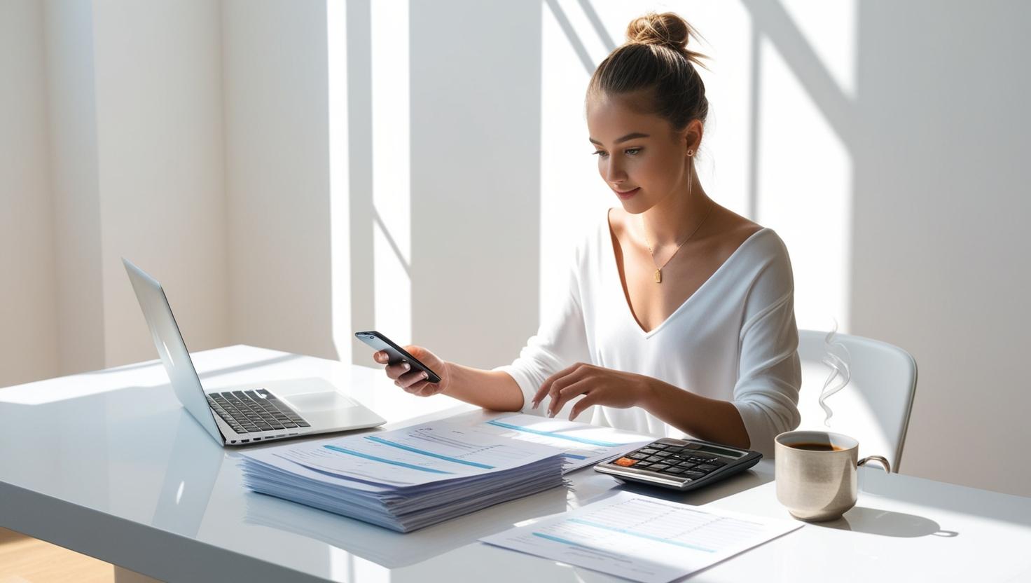 Social media influencer managing income and expenses using a laptop and smartphone at a modern workspace.