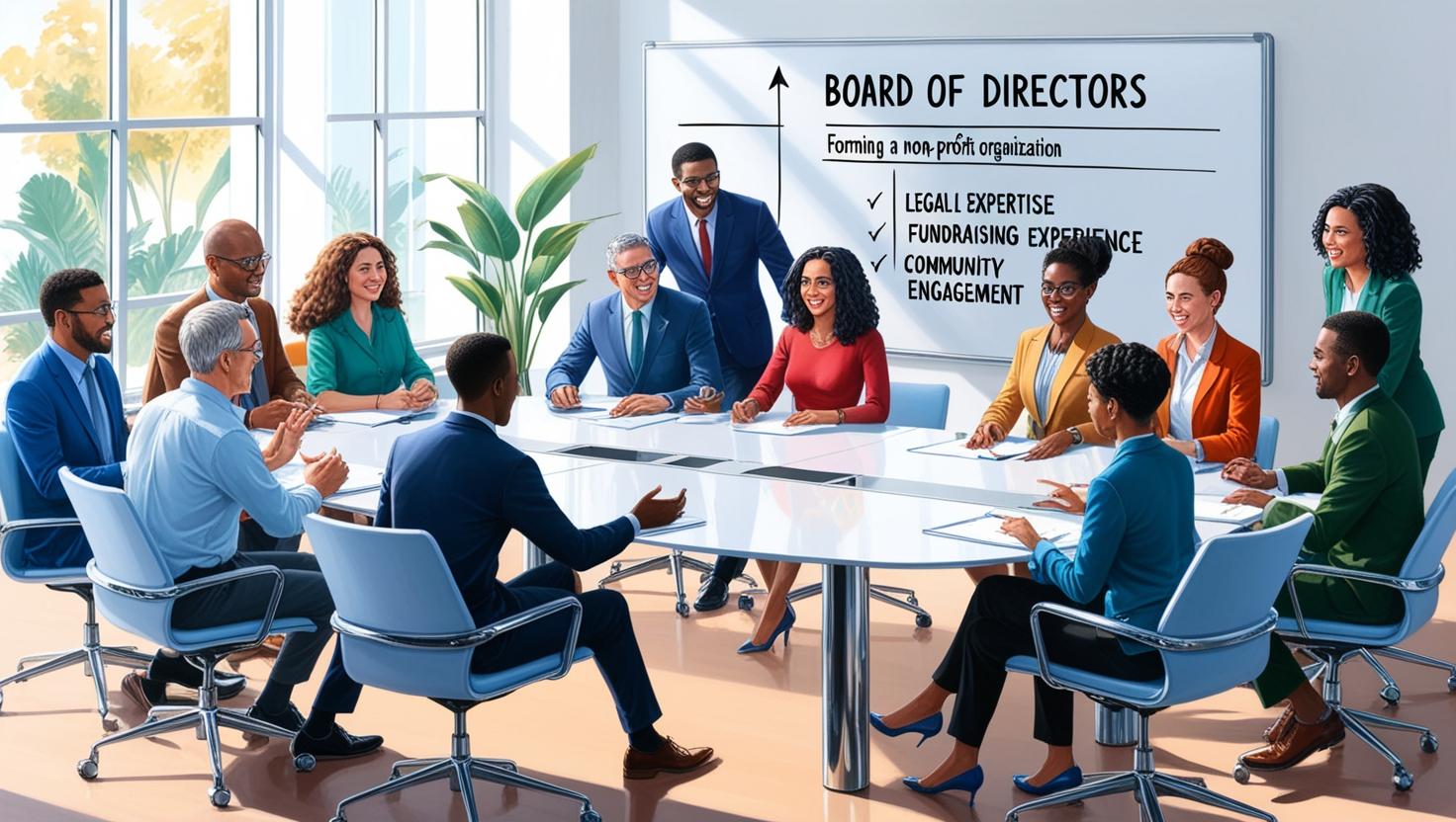 A diverse group of individuals in Los Angeles discussing nonprofit board recruitment, with skills listed on a whiteboard.