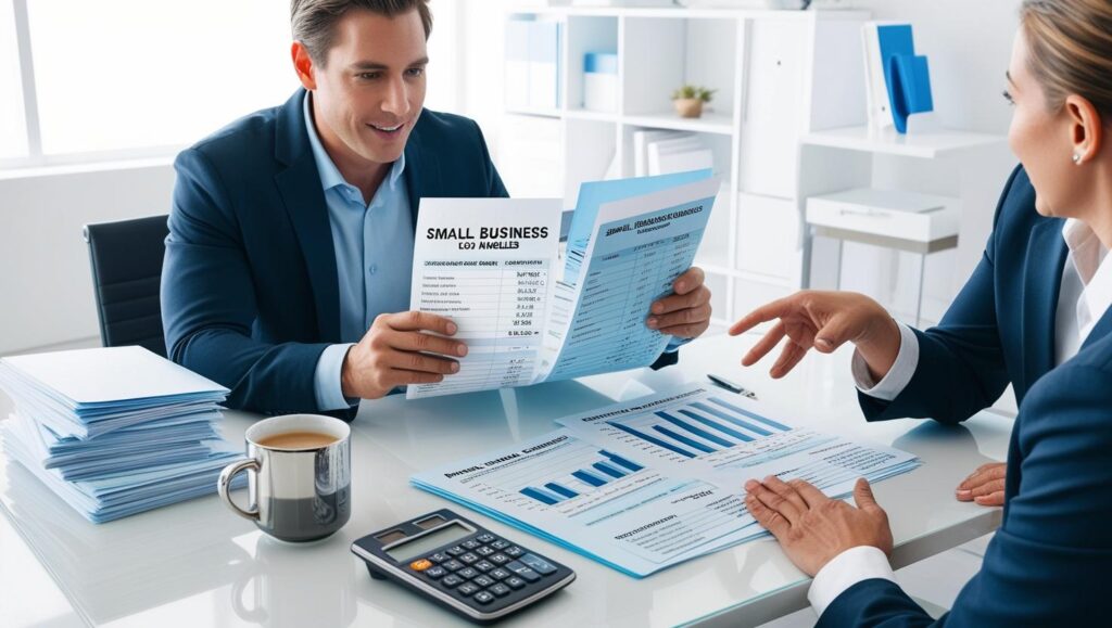 A small business owner in Los Angeles reviewing financial statements with an accountant in a modern office setting.