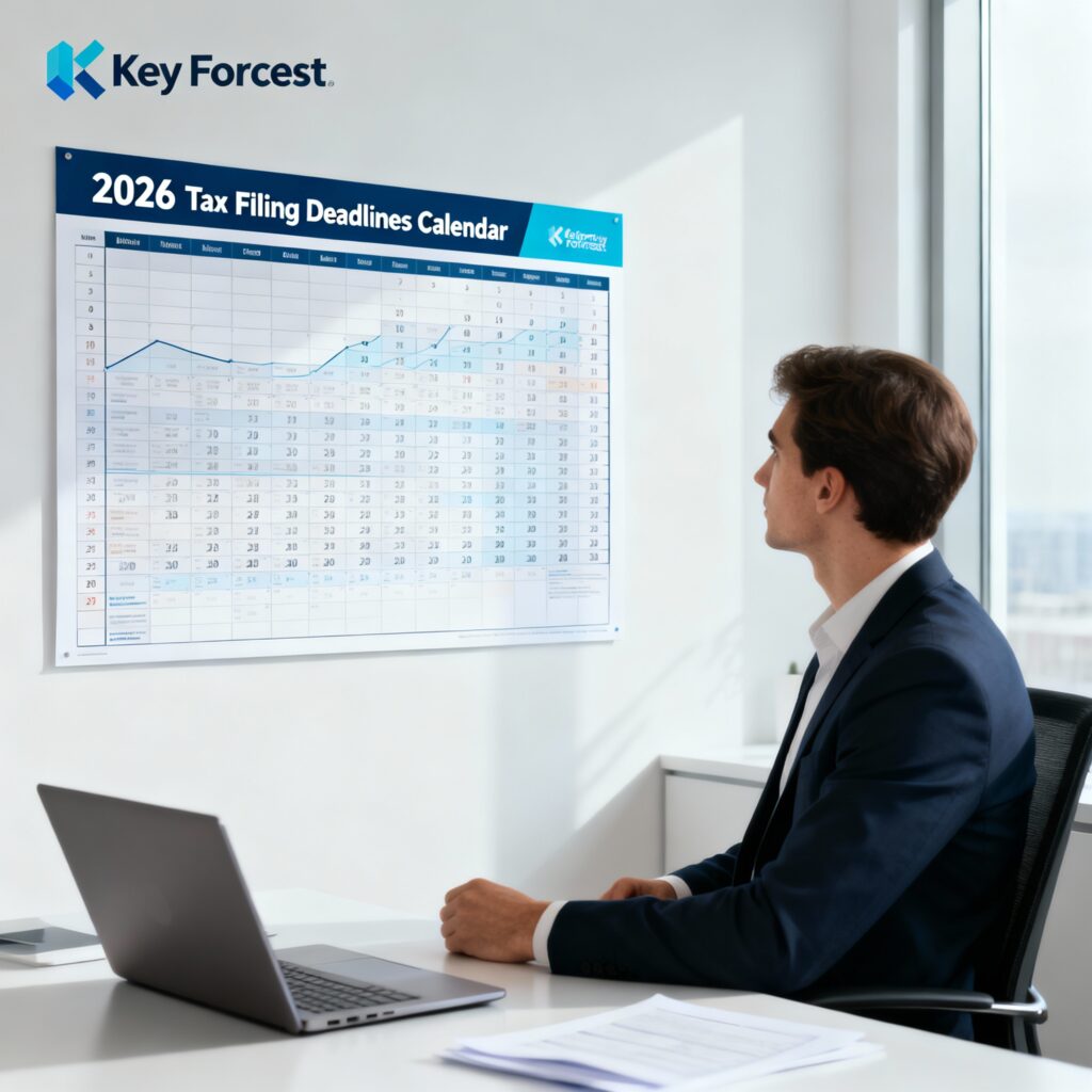 Business professional reviewing 2026 tax filing deadlines calendar in modern office, planning important tax dates to stay compliant and avoid penalties in Los Angeles. Download your free tax deadlines guide from Key Forecasts.