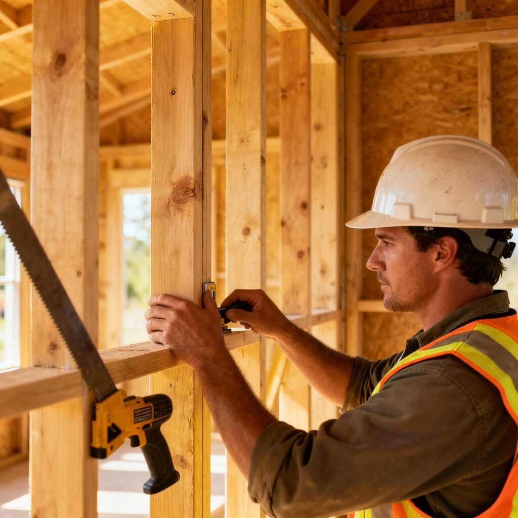 Contractor wearing a hard hat and safety vest working on house framing construction project, hands-on with wood and tools on a residential building site.