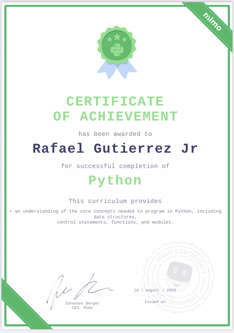 Python Core Concepts certificate — Mimo
