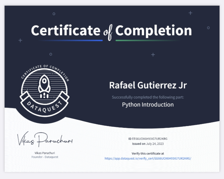 Python Introduction certificate — Dataquest