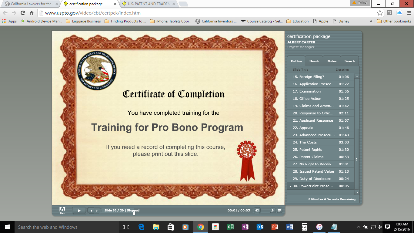 USPTO Pro Bono Program Training certificate