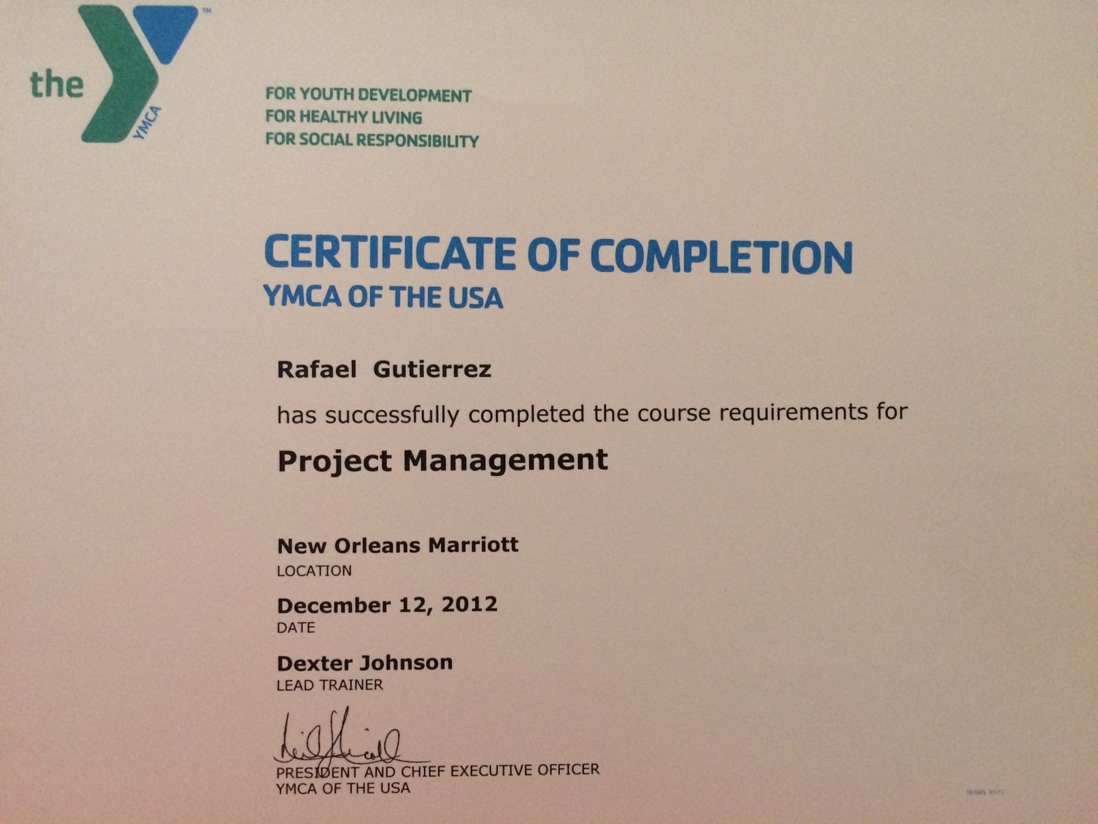 YMCA of the USA Project Management certificate
