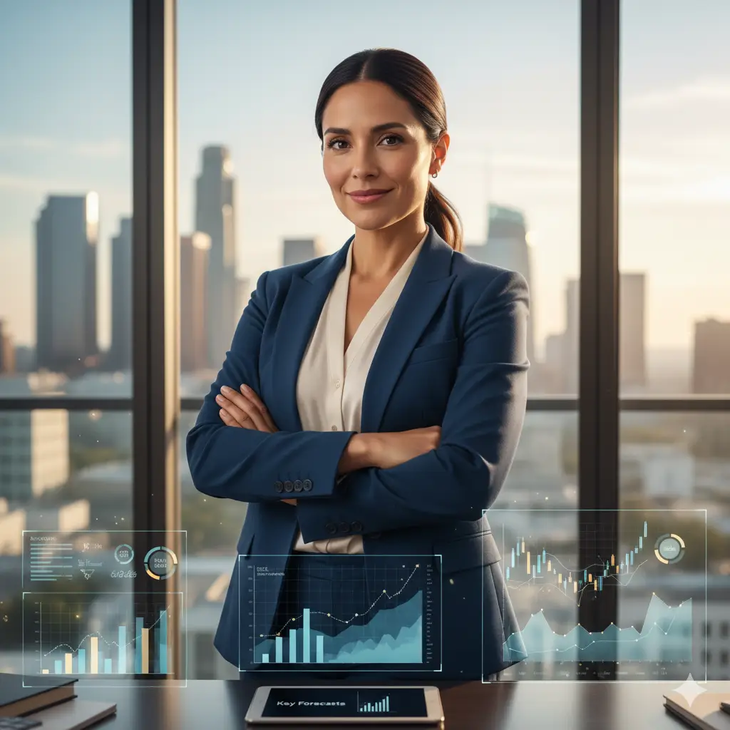 Dueña de negocio latina exitosa en Los Ángeles. Mujer empresaria con los brazos cruzados, mirando la ciudad, representando éxito financiero con gráficos de contabilidad.